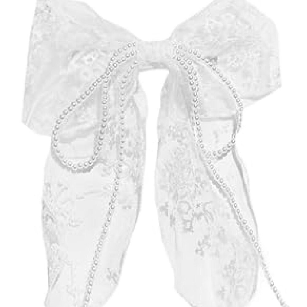 Women's White Lace Embroidery Pearl Unique Luxury Elegant Hair Bow Accessory - Picture 2 of 3